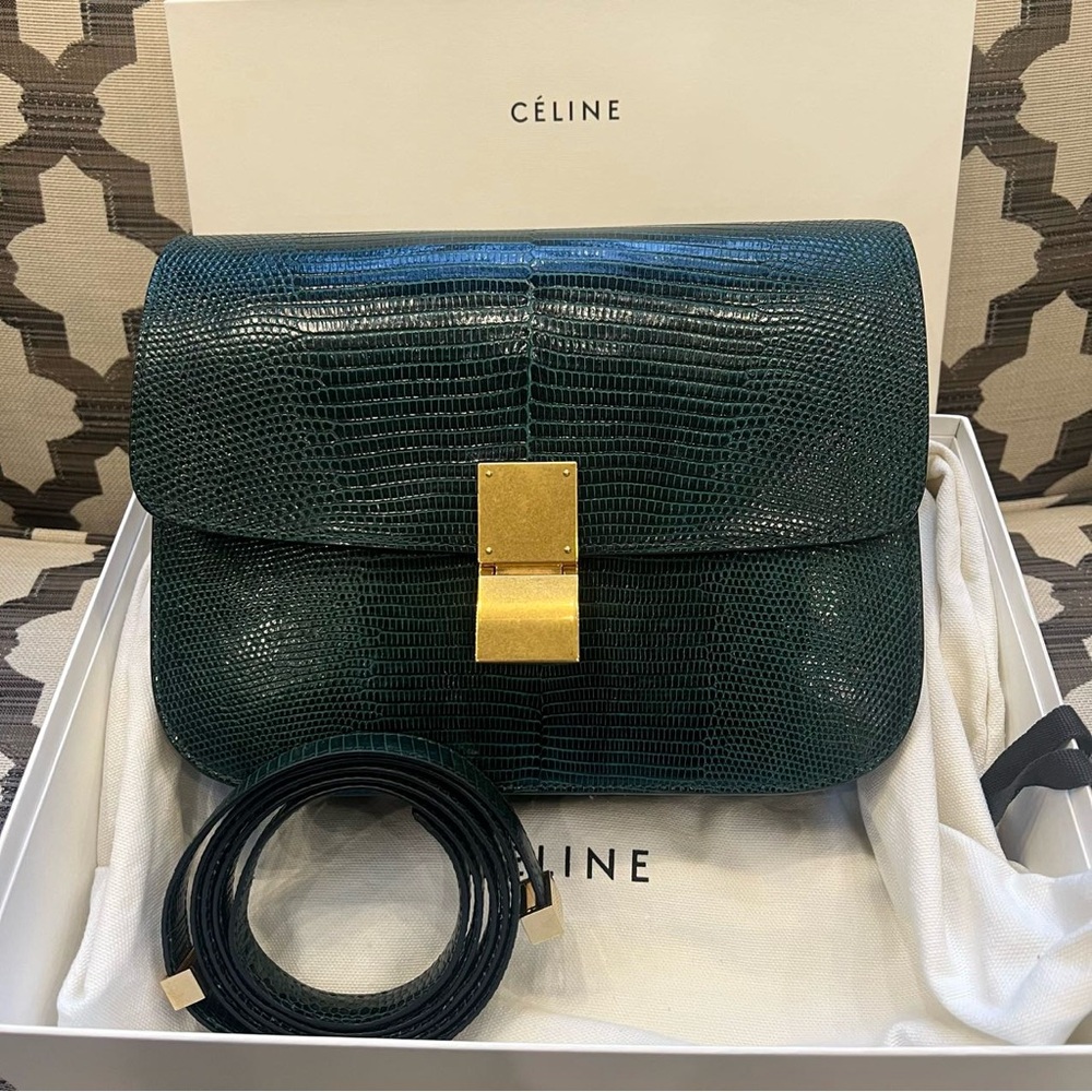 Celine Dark Green Crossbody Bag with Gold Clasp